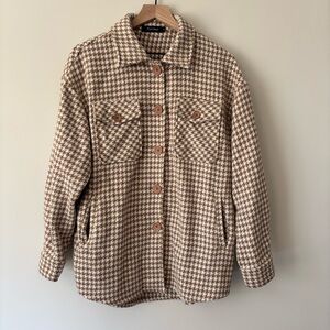 Automet Women's Large Brown & Cream Houndstooth Shacket Jacket Button Down